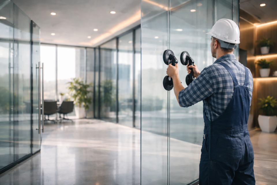 toughened glass supplier in Agra installing glass panel